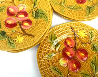 8 Germany Zell Vintage Majolica Plates, Yellow Gold Basketweave, Fruit, Teacup Logo, Set of Dishes