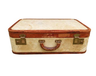 Tweed Vintage Suitcase with Leather Trim // Medium Luggage // Rust Interior
