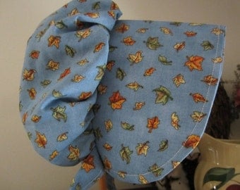 Prairie bonnet, 3 to 6 years old, Girls, pioneer, frontier Autumn leaves on blue,