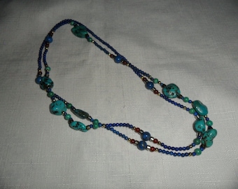 Vintage Genuine Turquoise and Lapis 36 Inch Necklace