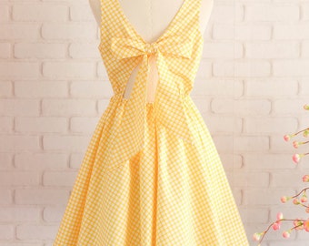 Yellow dress Yellow party dress Yellow plaid dress Yellow sundress Yellow backless dress Yellow Bridesmaid dresses Plaid Bridesmaid dress