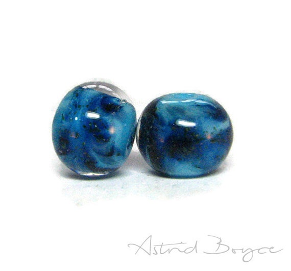 Blue Glitter Artisan Lampwork Art Glass Lampwork Bead Pair - Free USA Shipping - Glittering Adventurine paired with Lapis Blue and Turquoise