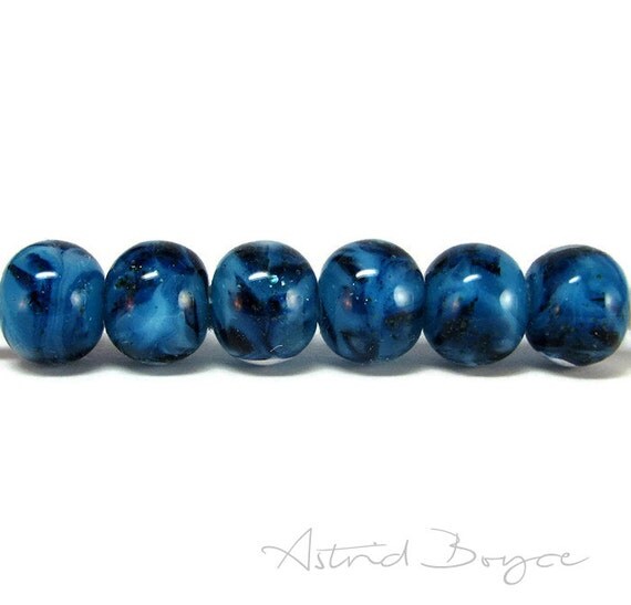 Blue Glitter Artisan Lampwork Glass Beads 6 piece set - Self Representing Artist SRA B195 - Small 10mmx12mm glass beads with glittering blue