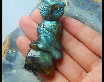 New,Hand Carved Labradorite Owl Gemstone Pendant,58x28x12mm,30g (Cp503)