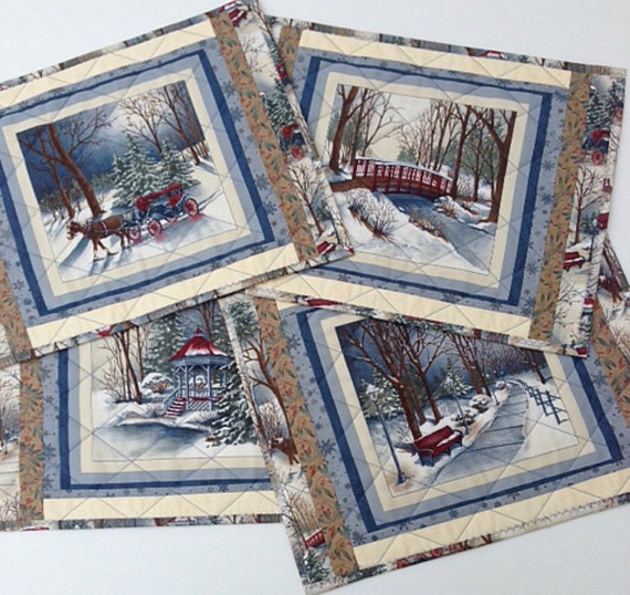 6 Winter Quilted Placemats/ Americana Style/Snowy by PoppetyQuilts