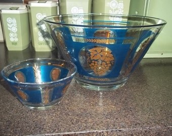 Mid Century Royal Blue and Gold Chip and dip set Anchor Hocking