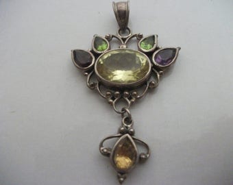 large MULTI GEMSTONE PENDANT sterling silver,garnet,amethyst,citrine,peridot