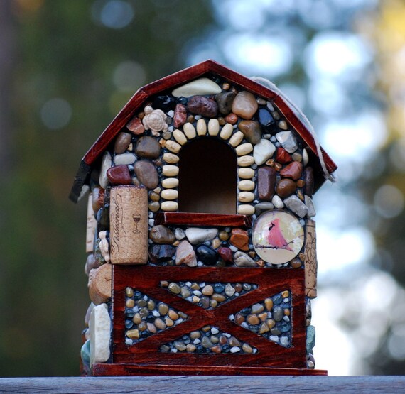Unique Birdhouse Mosaic Garden with Stones upcycled natural