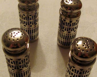 4 Cobalt Blue Glass/ Silver Plated , Salt and Pepper Shakers
