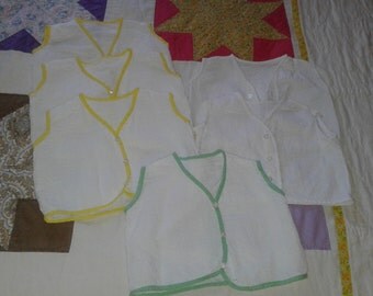 Four vintage diaper shirts, handmade? size 2 to 3 months? unused, white seer sucker, green yellow white cotton bias trim, tiny white buttons