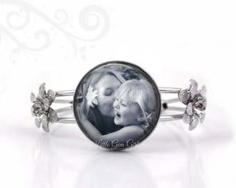 Personalized Photo Bracelet - Silver Flower Cuff Bangle Bracelet - Custom Picture Memorial Jewelry - Mother's Day Gift