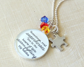 Autism Awareness Necklace - Real Superheroes Live in the Hearts of Little Children Fighting Big Battles - Special Needs Teacher - Autism Mom