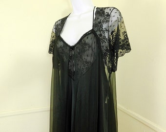 Vintage 60s Vanity Fair black peignoir set, black nightgown and robe , size 32
