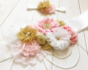 Pink and gold maternity sash,pregnancy sash, baby shower sash,maternity belt, pink white and gold sash, pink gold newborn headband,mom to be