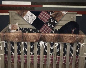 Baby Boy Crib Bedding - Little Man Antlers, Deer Skin, Navy Buck, Red Navy Plaid, Navy Minky Crib Baby Bedding Ensemble