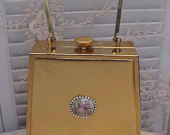 Special Sale: Unusual and Gorgeous Vintage Gold Handbag with Limoges Medallion with Rhinestones