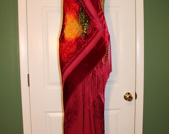 Burnout OMBRE Cache PROM DRESS Party Formal 90s does 20s Art Deco Gatsby Piano Shawl Fringe Silk Velvet Wrap Sexy Vamp Occasion Sunset Vtg 6