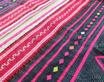 Handwoven Hmong hemp and cotton, Vintage fabric Indigo cross stitch textiles and fabrics- Table runner,