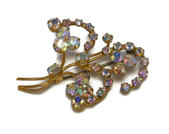 FREE SHIPPING Austrian crystal brooch, Aurora Borealis rhinestone crystals, floral bouquet spray, 1960s late 1950s, marked made in Austria