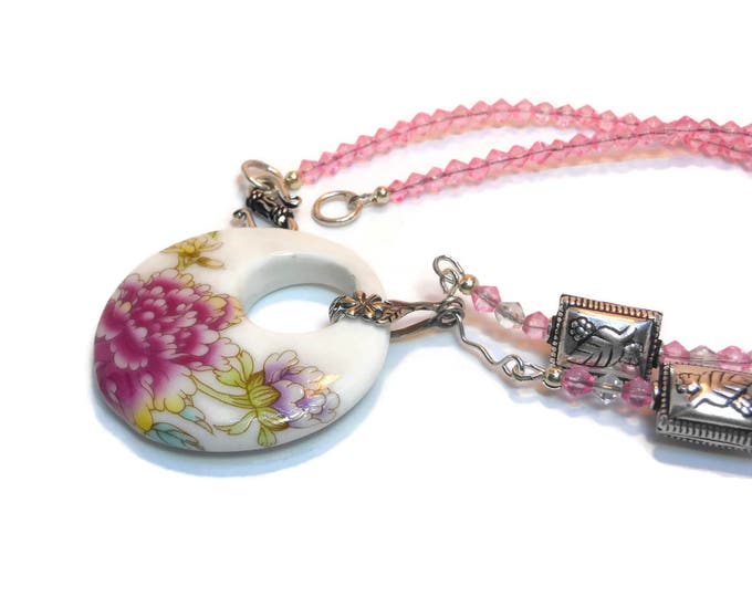FREE SHIPPING Floral porcelain pendant, pink violet floral go-go, pink and clear glass beads, silver plated spacer, silver plated findings