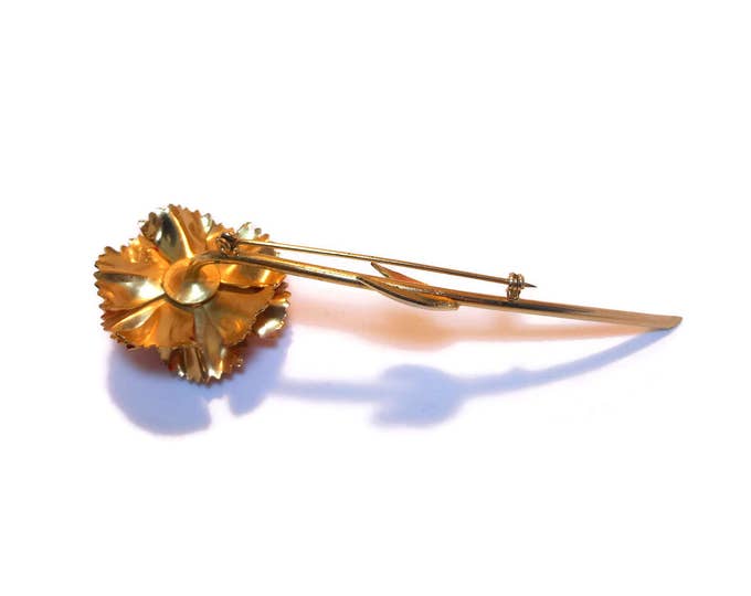 FREE SHIPPING Pink rose brooch, enamel redish pink rose, gold tone stem, rose pin 1960's, rhinestone center, gold tipped petals