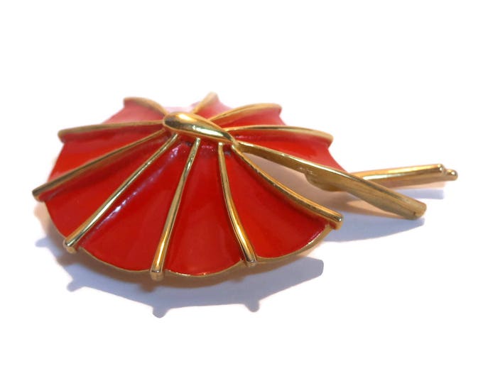 SALE Red and gold brooch, enamel red flower, leaf or fan, gold tone stem, very pretty mystery pin, any guesses?