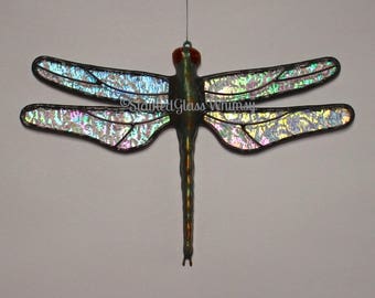 Stained Glass DRAGONFLY Suncatcher, Stardust Clear Rainbow Iridescent Wings & Handcast Metal Body, USA Handmade Original, Rainbow Firefly