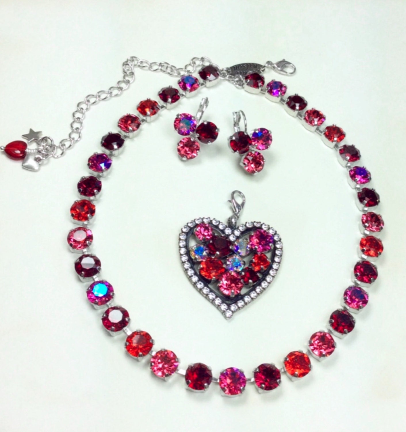 Swarovski Crystal 8.5mm Necklace & Heart - Vibrant and Romantic  "Valentine's Day Reds"  - Designer Inspired - FREE SHIPPING
