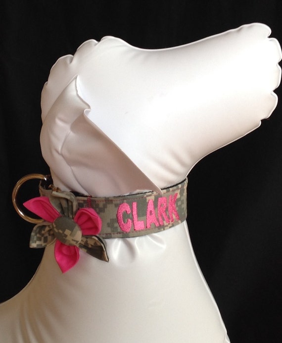 Military Martingale dog collar flower set embroidered w/dogs