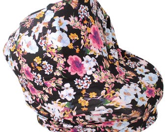 Stretchy Carseat Cover and Nursing Poncho all in one - Full Coverage Nursing Cover Black Floral Hold Me Close