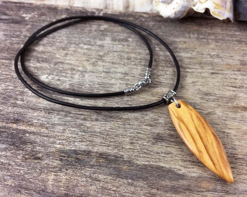 Wood Surfboard Pendant Mens Leather Necklace With Wood