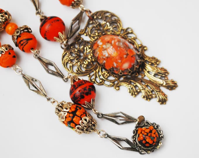 orange glass gold filigree Necklace -speckled orange black art glass - silver link - Mid century - glass bead