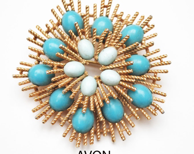 Avon Atomic Flower Brooch - turquoise Blue robin egg cabochon - Atomic Starburst Pin