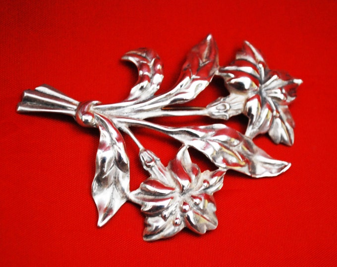 Sterling Flower Brooch - Signed Danecraft - Large Art Nouveau floral Silver pin - 29 grams