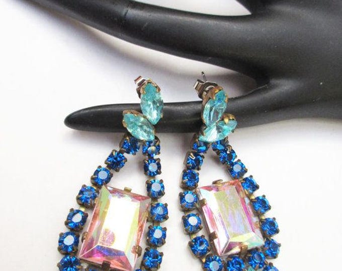 Blue Rhinestone Earrings - Czech Crystal - Chandelier Drop -Pierced Dangle earrings - Signed Husar D