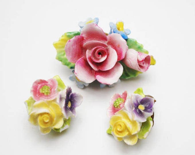 Artone Flower Brooch earring set - Bone China -Pink Blue ceramic -Made in England - Floral pin =Clip on earrings