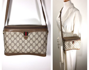 1970s Gucci Bag Vintage Gucci Crossbody Handbag Unique Gucci Box Purse Brown and Tan GG Monogram Gucci Satchel Leather and Canvas Bag