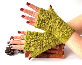 Knit Fingerless Gloves. Knitted Gloves. Lime Short Gloves. Knitted Wrist Warmers. Knit Arm Warmers.