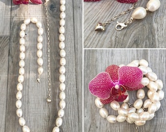 Long Pearl necklace with extension chain. Sterling silver.