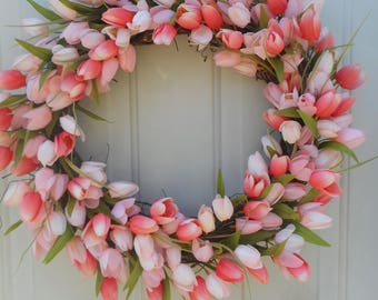 Tulip wreath Spring tulip wreath Spring tulip decor Spring peach tulip wreath Mother's day wreath Tulip door decor Tulip Grapevine RTS