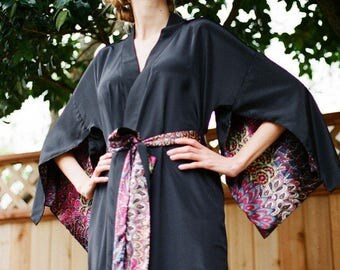 The Haiku. One custom black long Haiku robe in faux silk crepe with pockets Long kimono robe with pockets Bohemian kimono robe Gift for her