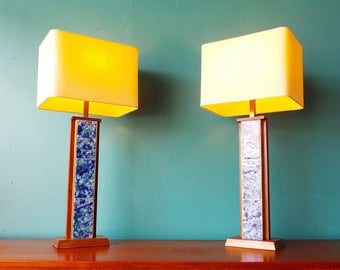 pair mid century modern Harris Strong blue tile walnut lamps with new shades