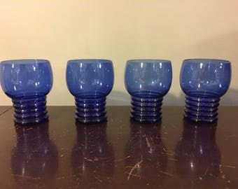 Vintage Art Deco Style Set Of 4 Cobalt Blue Glass Small Cordial Cocktail Goblets Glasses Beehive Pedestals 4 Oz Taster Or Large Shot Size