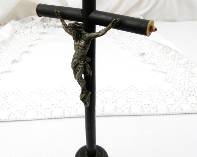 Antique French Black Wooden and Silver Plated Cross / Crucifix, Catholic, Christian, Church, Religion, Religious, Jesus, Vintage, Retro