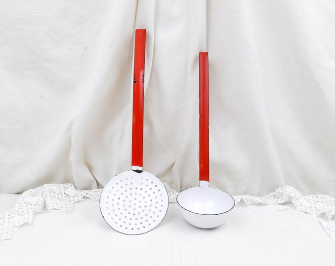 Vintage French Red and White Chippy Enamelware Matching Ladle and Strainer, French Country Decor, Kitchen, Cooking Utensil, Retro Home