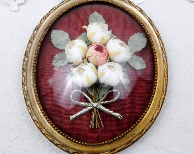 Vintage French Domed Glass and Brass Picture Frame with Silk Flower Composition on Satin Backing, Wall Hanging, Mid Century, 1950s, 1960s