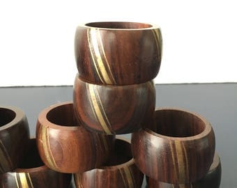 vintage napkin rings wood and inlaid brass set of 12 boho