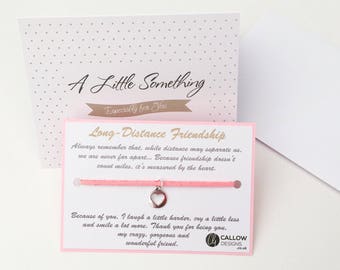 Long Distance Friendship Charm Bracelet Gift Meaning Quote Keepsake Pink Silver Callow Designs Miles Easy to Send Away Measured by the Heart