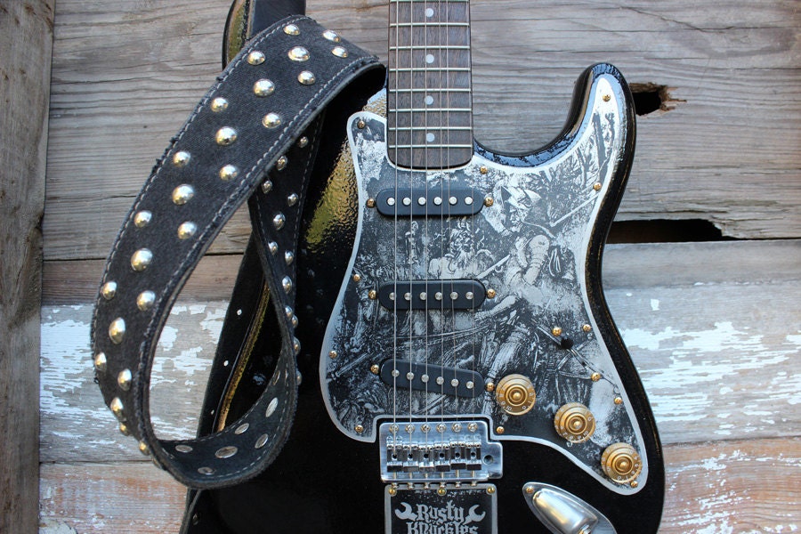 Heavy Metal Guitar Strap Made From Leather and Vintage Denim