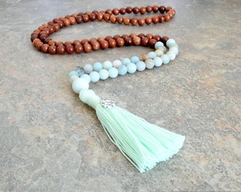 108 Mala Bead, Mala Necklace, Bead Tassel Necklace, Bohemian Jewelry, Mala Bead, Wood Necklace Wood Bead Necklace, Amazonite Gemstone Bead